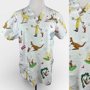 ✨2/$20 Curious George Adventures Cartoon Nurse CNA V-Neck Scrub Top Large